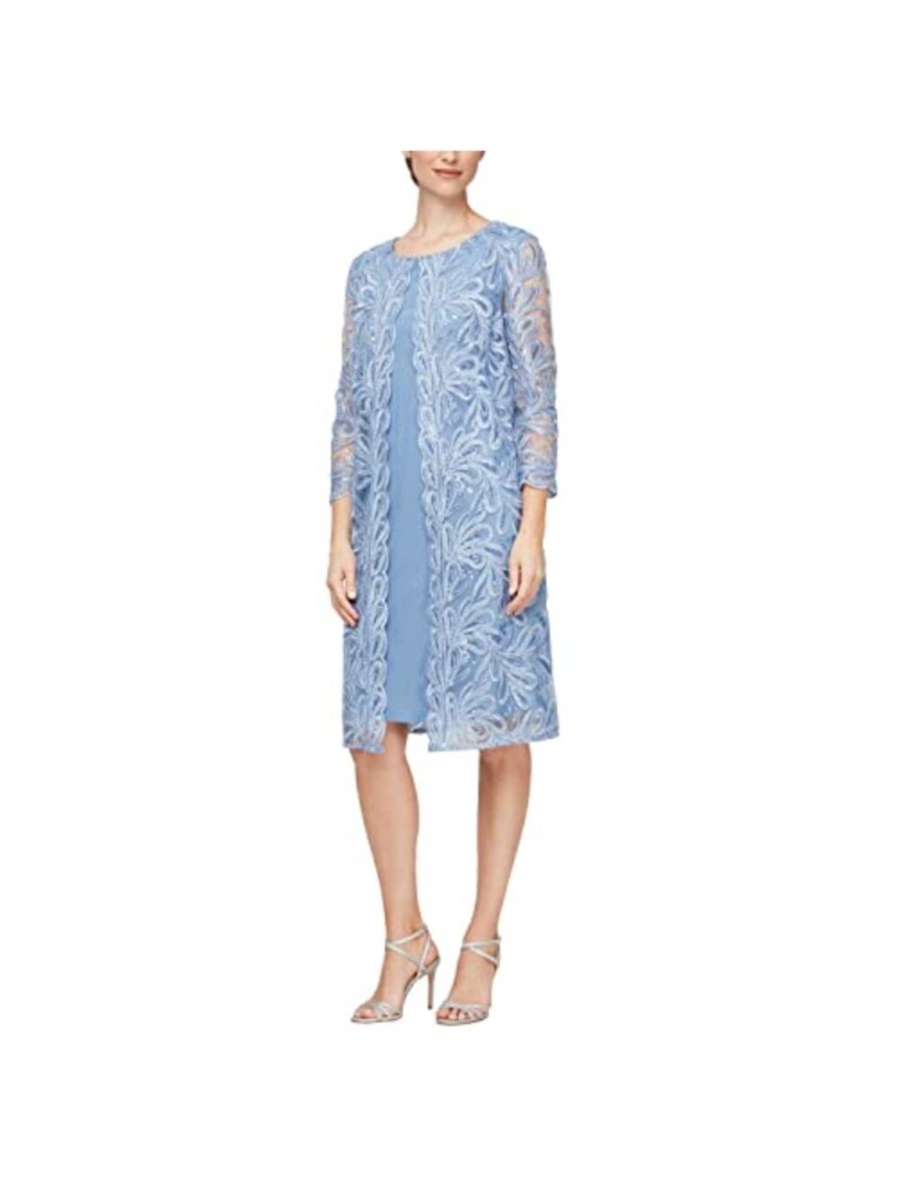 Midi Scoop Neck Shift Dress with Embroidered Sequin Jacket 3/4 Sleeve
